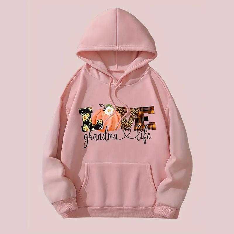 Ladies Spring Autumn Casual Hooded Long Sleeve Big Pocket Halloween LOVE Pumpkin Printed Pullover Hoodies Sweatshirt Top