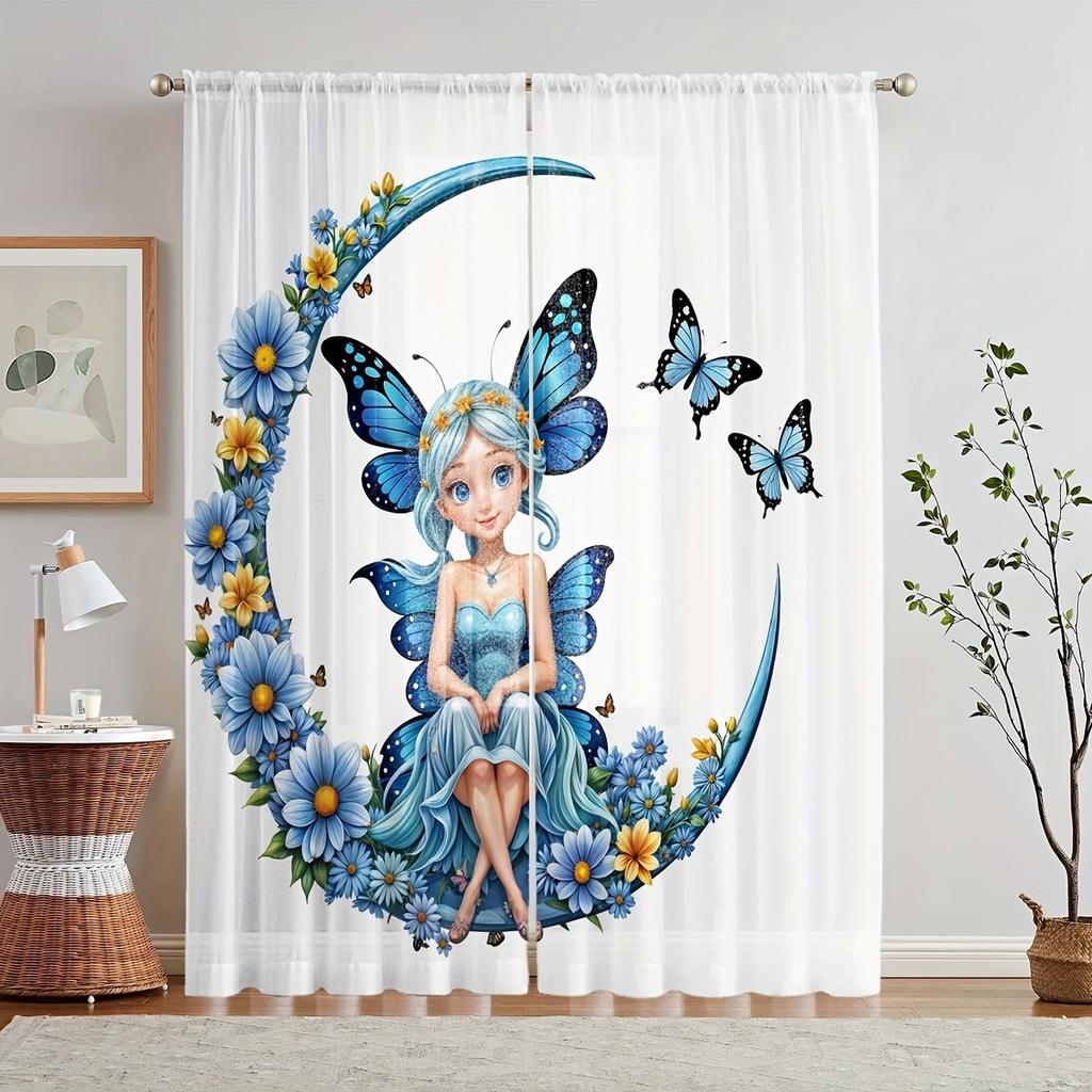 2-Piece Enchanted Forest Fairy Butterfly Transparent Curtains Rod Pocket Design For Living Room Bed Chamber WindowDecor Machine Washable