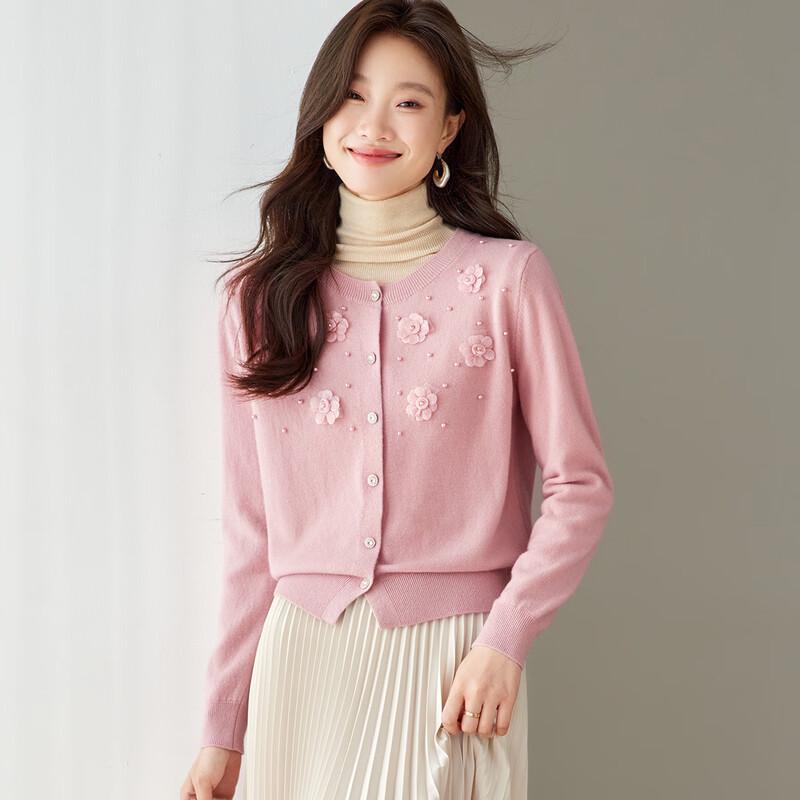 Srcr Women's 100% Pure Wool Short Knitted Cardigan with 3D Floral Design