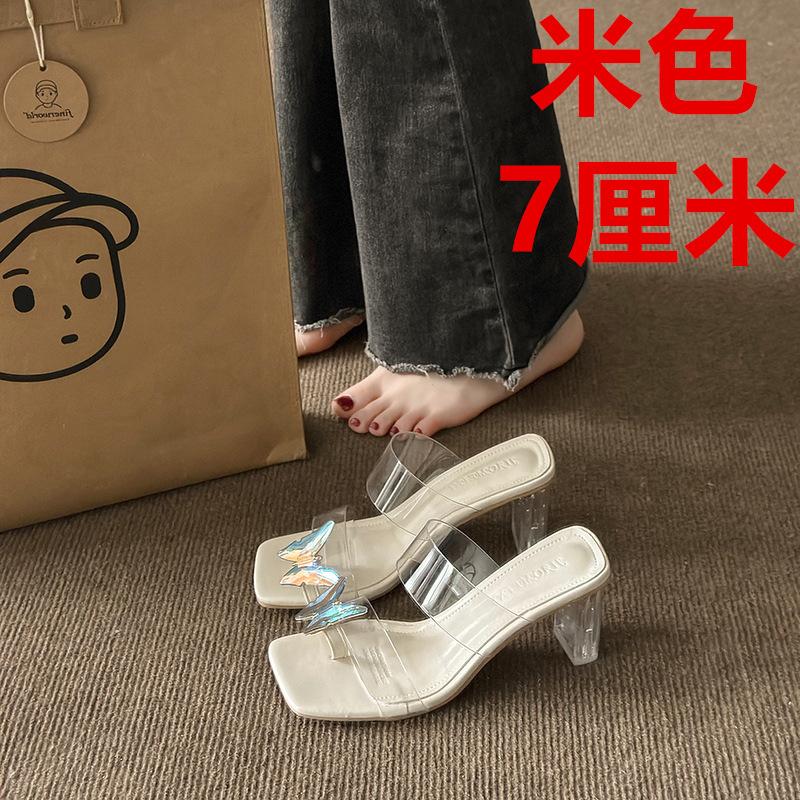 Fairy Wind Transparent Crystal Thick Heel Outer Slippers 2025 Summer New Bow Square Toe One-word Sandals