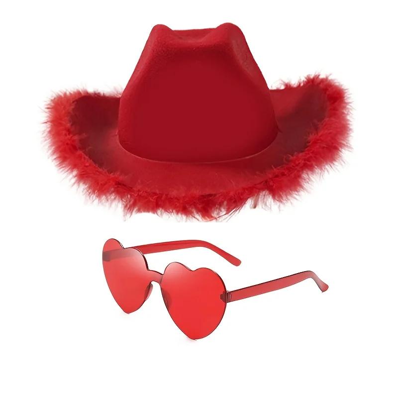 2pcs Cowboy Hat & Glasses Set - Romantic Couple Matching Accessories for Wedding Masquerade Parties & Cosplay Made of Polyester