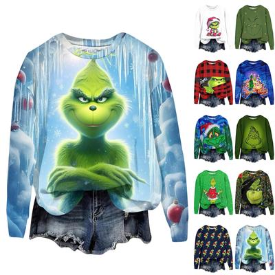 Damenmode, weihnachtlich bedruckt, langärmelig, lockerer Rundhalsausschnitt, Sweatshirt-Oberteil