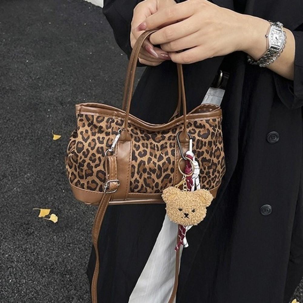 Plush Leopard Print Crossbody Bag Large Capacity Ladies Bucket Shoulder Bag Autumn Winter