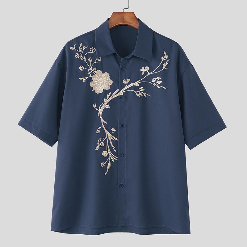 INCERUN Summer Men Short Sleeve Embroidery Loose Casual Vintage Shirts Tops