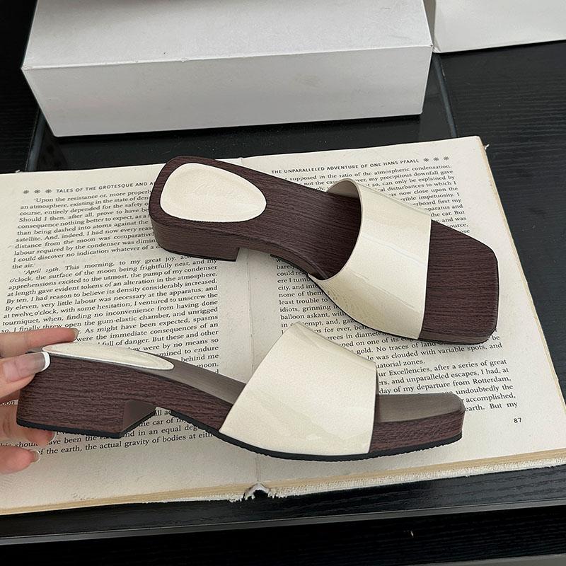 

Fashion 2025 New Luxury Ladies Heeled Slippers Shoes Summer Beach Female Slides Sandals Fashion Square Toe Women Low Heel Slippers Shoes 35 бежевый