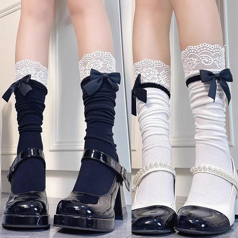 1-2pairs 2025 New Japanese Girl White Lace Bow Calf Socks Lolita Cute Knee High Mid Leg Socks Y2K Pile Socks