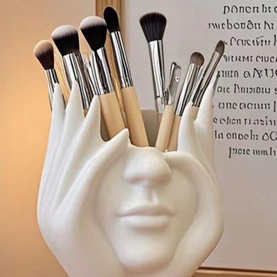 Face Shaped Makeup Brush Holder Organizer Female Form Head Half Body Cosmetic Tools Storage Cup Abstract Art Desk Pen Holder for Home Office Decor