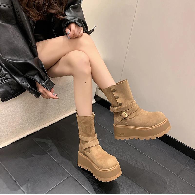 Fashion Winter Platform Thick Bottom Women Ankle Boots Height Increase Punk Women's Shoes Female Belt Buckle Slip On Short Booties