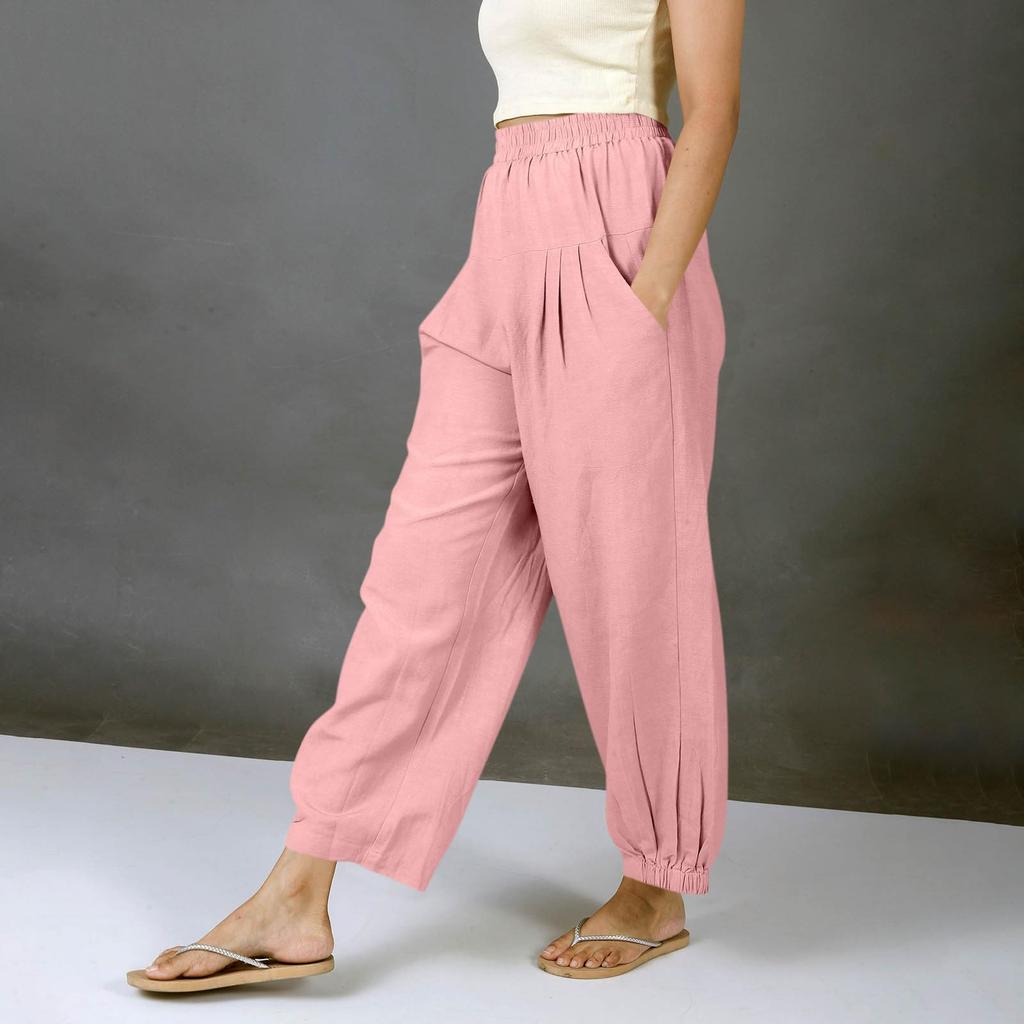 Women's Fashionable Casual -Color Cotton-Linen Trousers With Elastic Waistband And Pockets