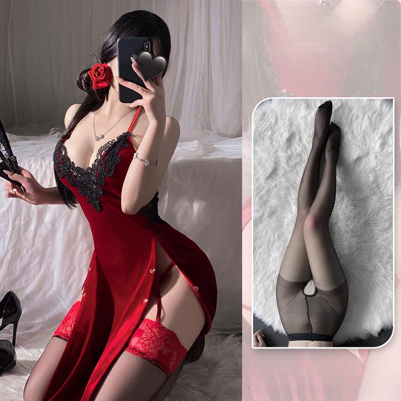 Sexy Superhero Women V Neck Long Lace Velvet Dress Cosplay Costume Erotic Movie Uniform Outfits
