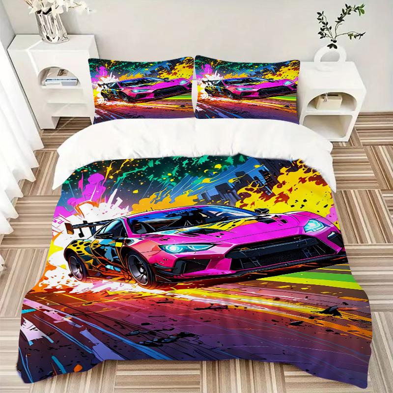 3pcs Racing Car Cover Set, 1 Cover + 2 Pillowcases (No Insert), Bedding for All Seasons, Bedding,Bedroom Decor Yy250922024