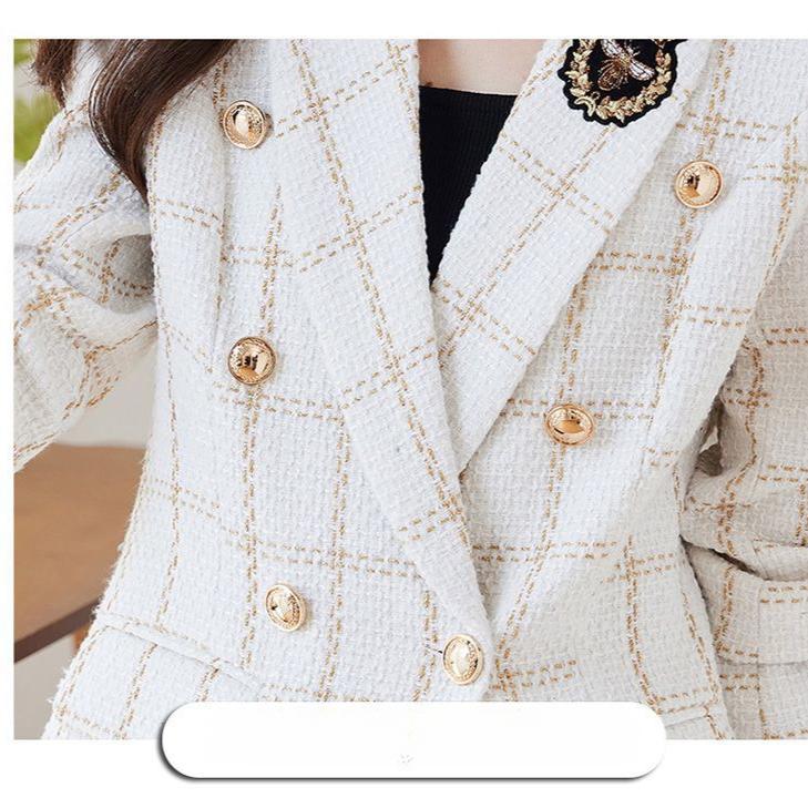 Elegant Lady White Suit Jacket and Skirt Two-piece Set for Spring, Double-breasted Casual Wear Clothes