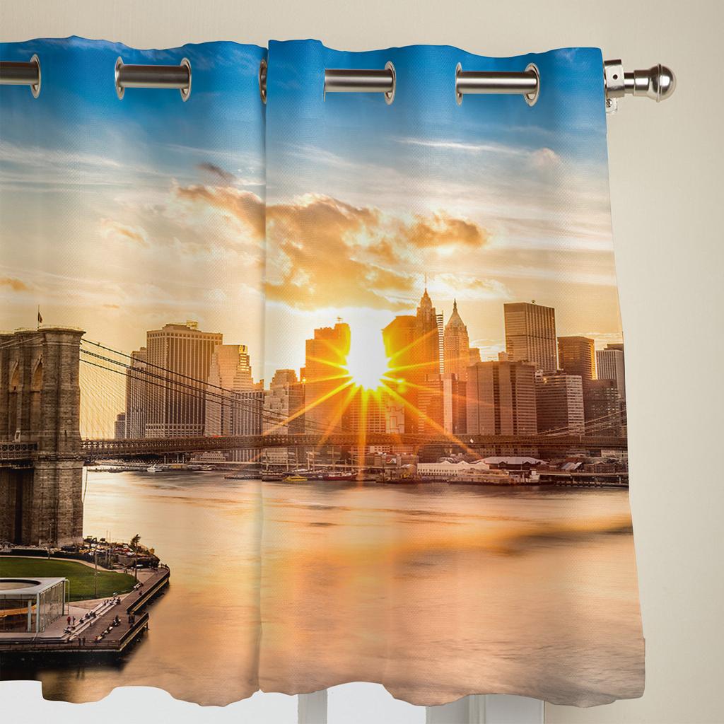 City Sunset Bridge Dusk Building Window Curtain Bedroom Living Room Window Drapes Kitchen Decoration Blinds Curtain