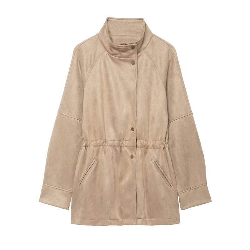 Womens High-Neck Belted Faux Suede Mid-Length Jacket Loose Fit Street Style 2025