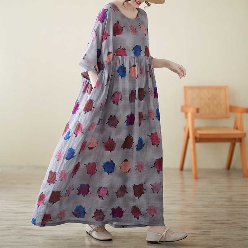 

Летнее литературное и ретро хлопково-льняное платье с принтом, круглый вырез, короткий рукав, богемное повседневное платье для пляжа, внешняя торговля one size fits all