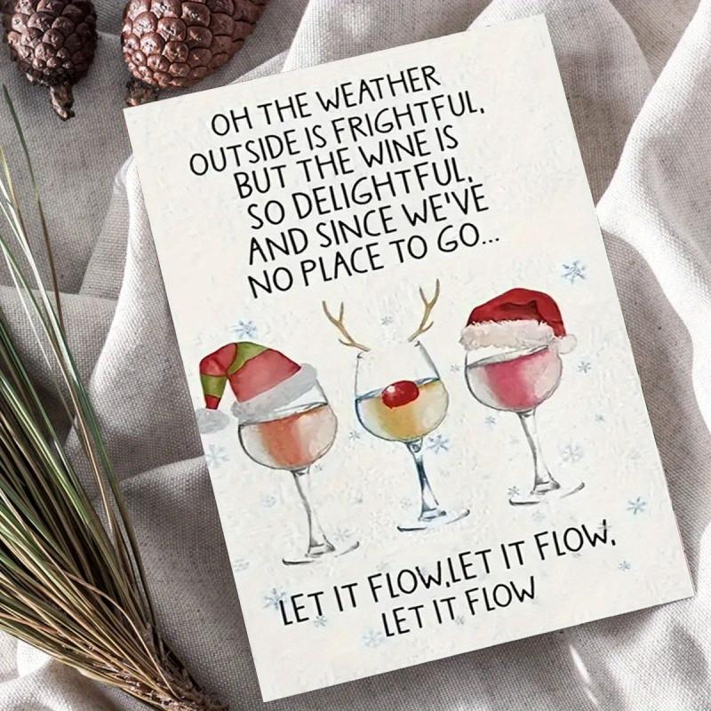 1 Christmas Card with Envelope, Wine Lover Theme Card, for Christmas Parties, Gifts, Colleagues, Friends, Family, Holiday Cheers