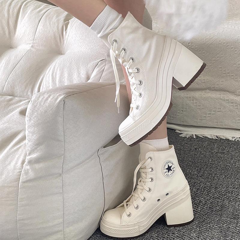 Canvas shoes women's 2024 new retro high-heeled thick-heeled high-top round head lace-up waterproof table heightened thick-soled white shoes