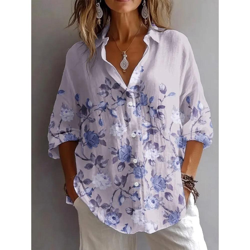 Damen Hemd Mode Blusen Frühling Herbst Floral Grafik Elegant Vintage Langarm Hemdkragen Normal Täglich Knöpfe Oberteile