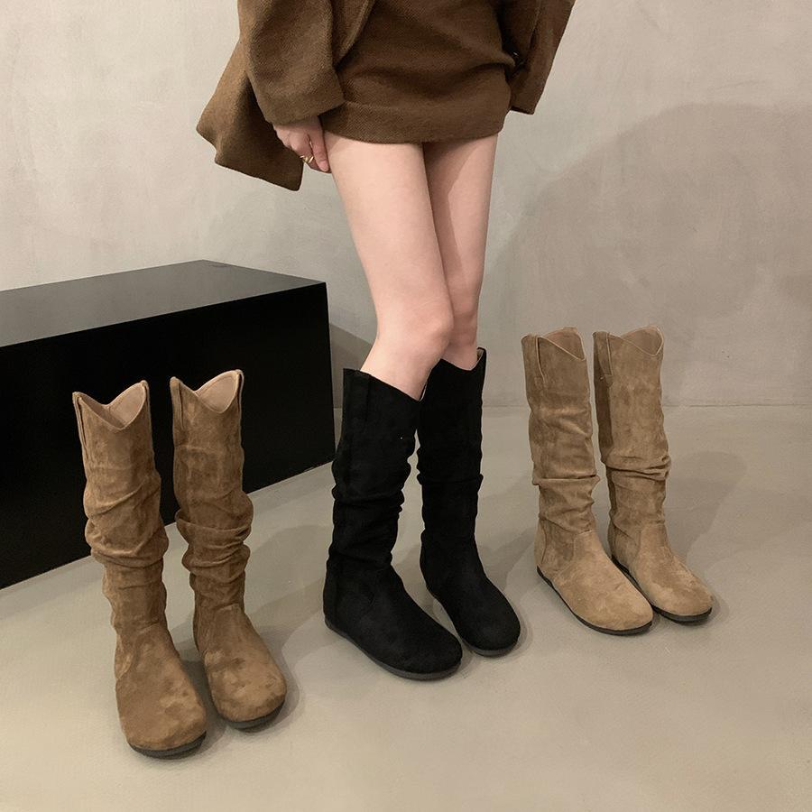 Inner Height Increasing Round Head Suede Stacking Boots Medium Knight Boots Women's 2025 Autumn and Winter Khaki Skinny Boots Long Boots