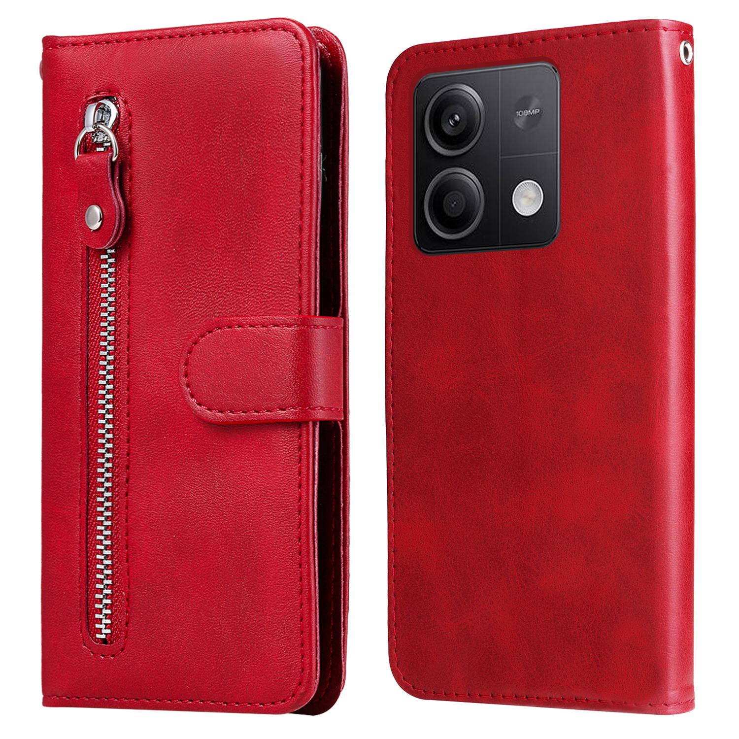 

For Xiaomi Redmi Note 13 5G Leather Case Zipper Wallet Calf Texture Phone Stand Cover Red