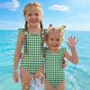 Girls One Piece Swimsuit Plaid Print Sleeveless Ruffled Shoulder Swimwear Kids Casual Summer Bathing Suit