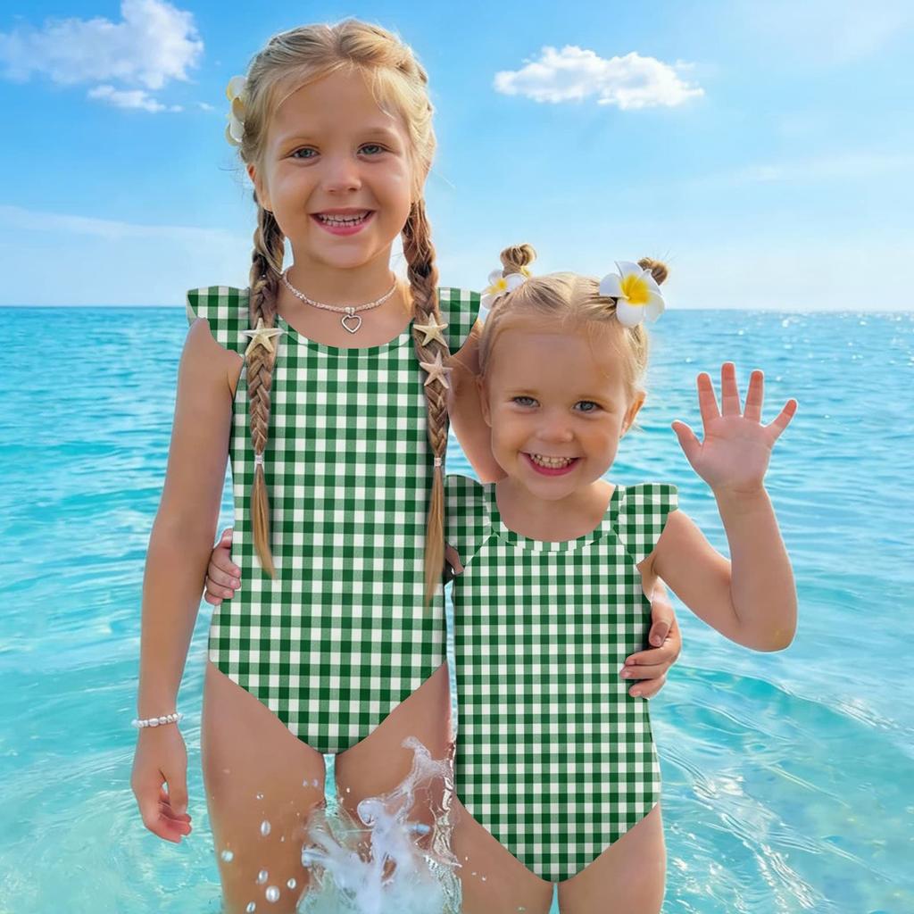 Girls One Piece Swimsuit Plaid Print Sleeveless Ruffled Shoulder Swimwear Kids Casual Summer Bathing Suit