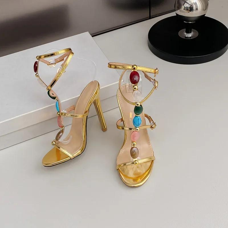 Summer Bohemian Style String Bead Round Head Women Heels Sandalias Sexy PU Mixed Colors Narrow Band Buckle Strap Party Shoes