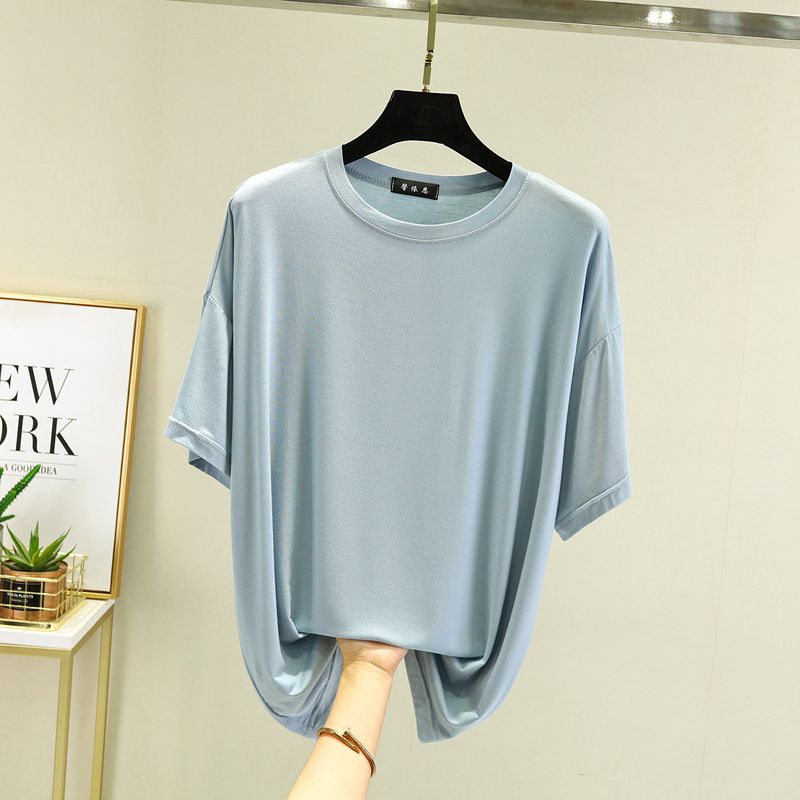 

Свободная футболка с коротким рукавом Летняя женская модальная внутренняя майка Тонкая базовая футболка больших размеров Повседневные однотонные приталенные топы Blue XL (60.00 kg-70.00 kg recommended