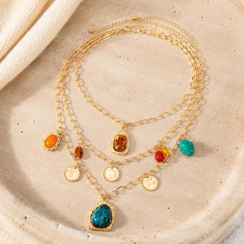Multicolor Pendant Necklace with Assorted Marbled Resin Shapes, Bead Details and Gold-Tone Chains in Coordinated Multi-Strand Design