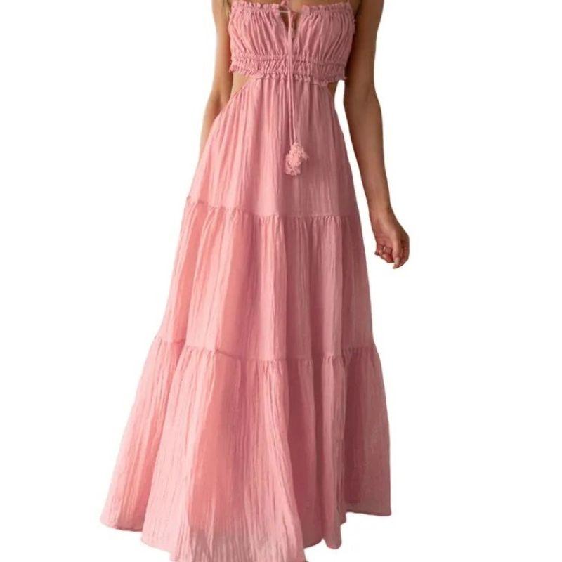 

Летняя новинка Женская одежда Стильная модная темпераментная майка Сексуальное платье с вырезами Открытая спина Со строчкой Платье с большим подолом Light pink XL