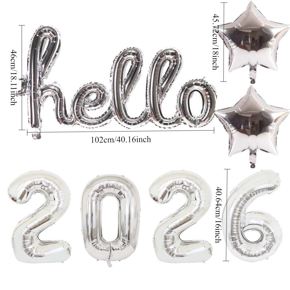 7pcs Hello 2026 New Year Aluminum Foil Balloon Set Rose Gold Conjoined Letters & Numbers for Party Decor Holiday Celebration