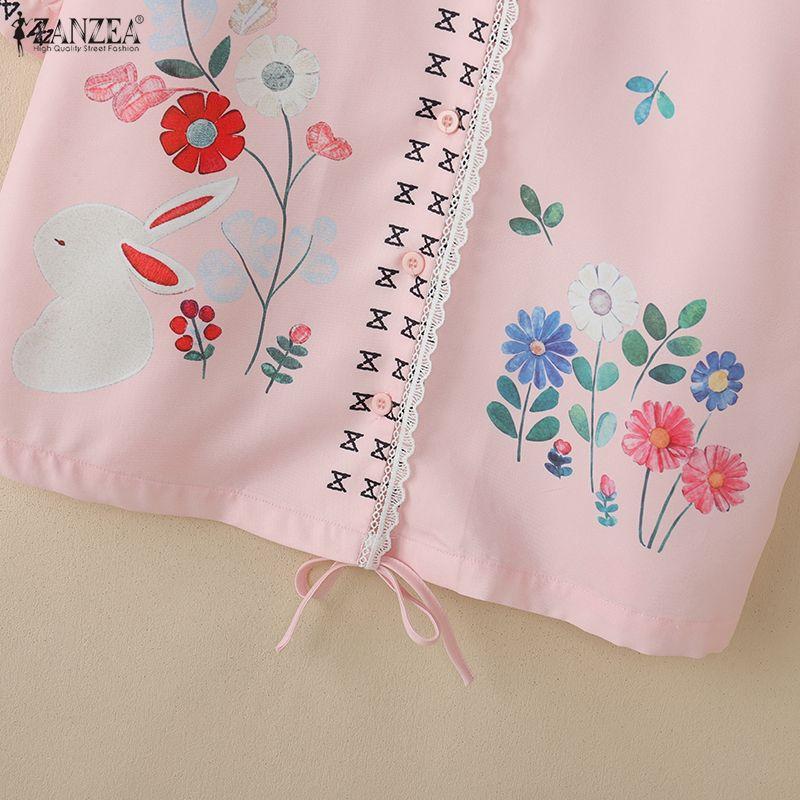 ZANZEA Women Casual Round Neck Loose Short Sleeve Floral Blouse