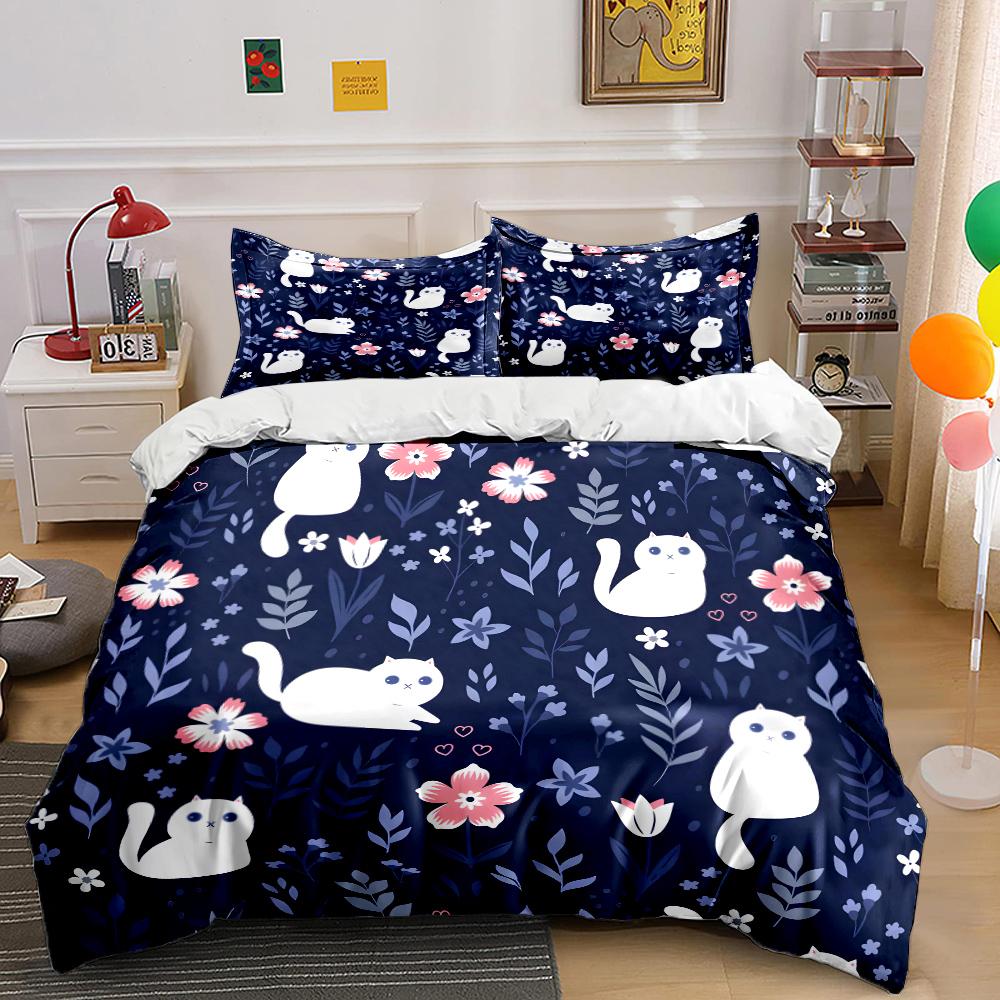 Cute White Cats and Floral Pattern Backdrop Duvet Cover Set Digital Print Polyester Bedding with Zipper Closur for Kids Gifts