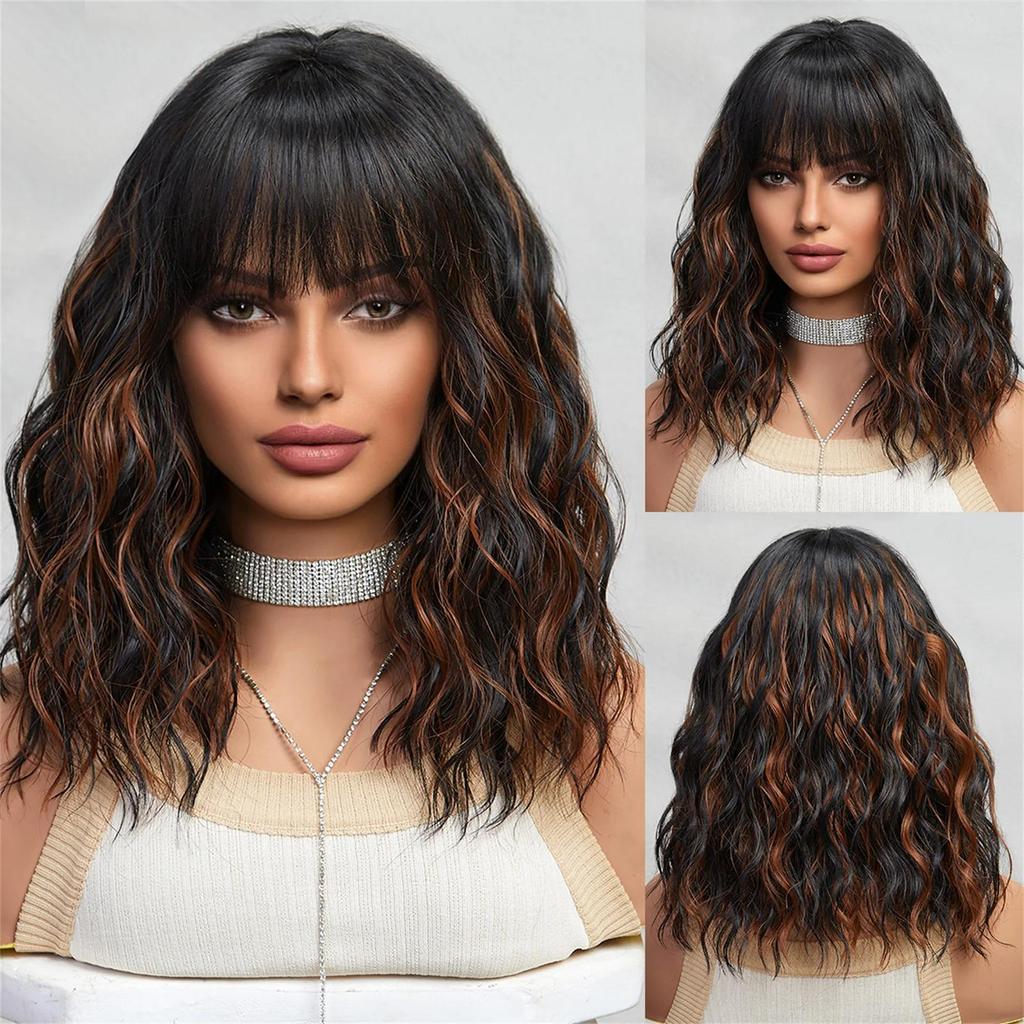 ALAN EATON Cute Asia Wigs Red Brwon Loose Curly Hair Synthetic Bob Wig with Bangs Lolita Cosplay Party Daily Wigs for Women