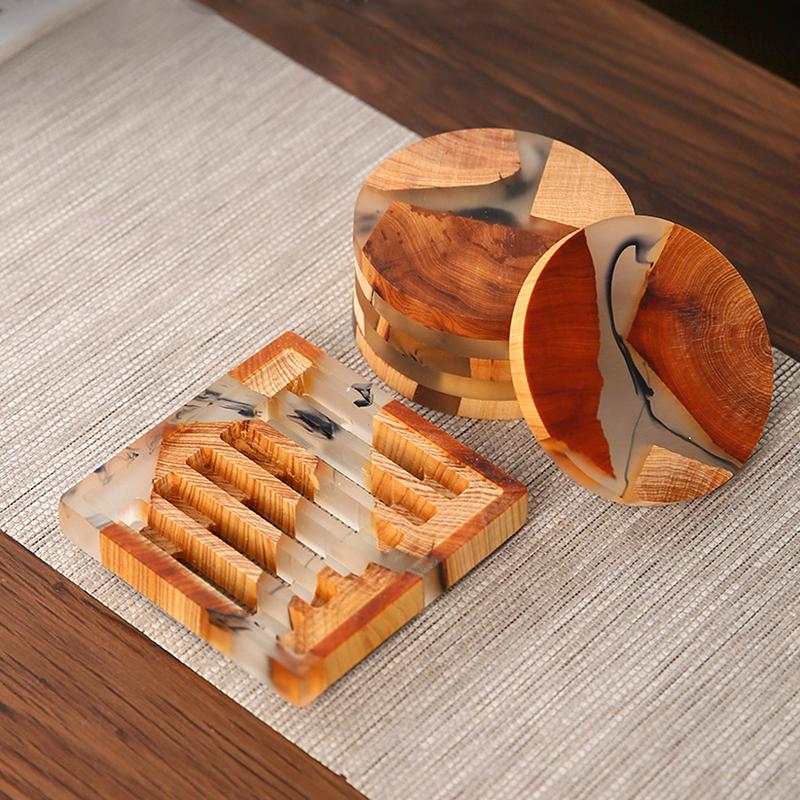 Wood Resin Coasters with Holder Set Coffee Coasters Unique Drink Coasters for Coffee Table Home Decoration Wooden Tea Coaster