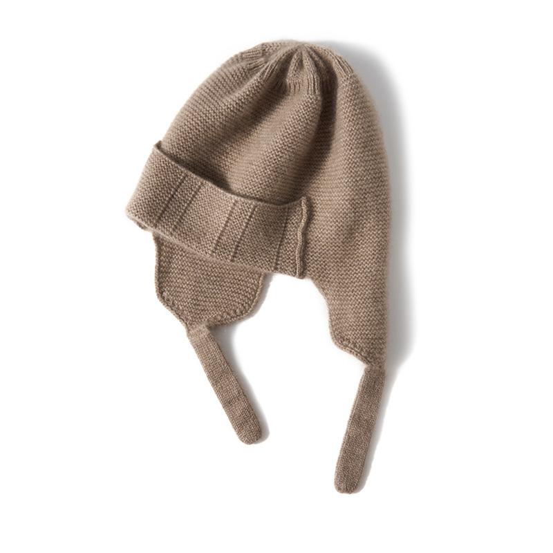 Cashmere Autumn and Winter New Style Women's High End Solid Color Knitted Outdoor Ear Protection Warm Fashion Heavy Plain Hat