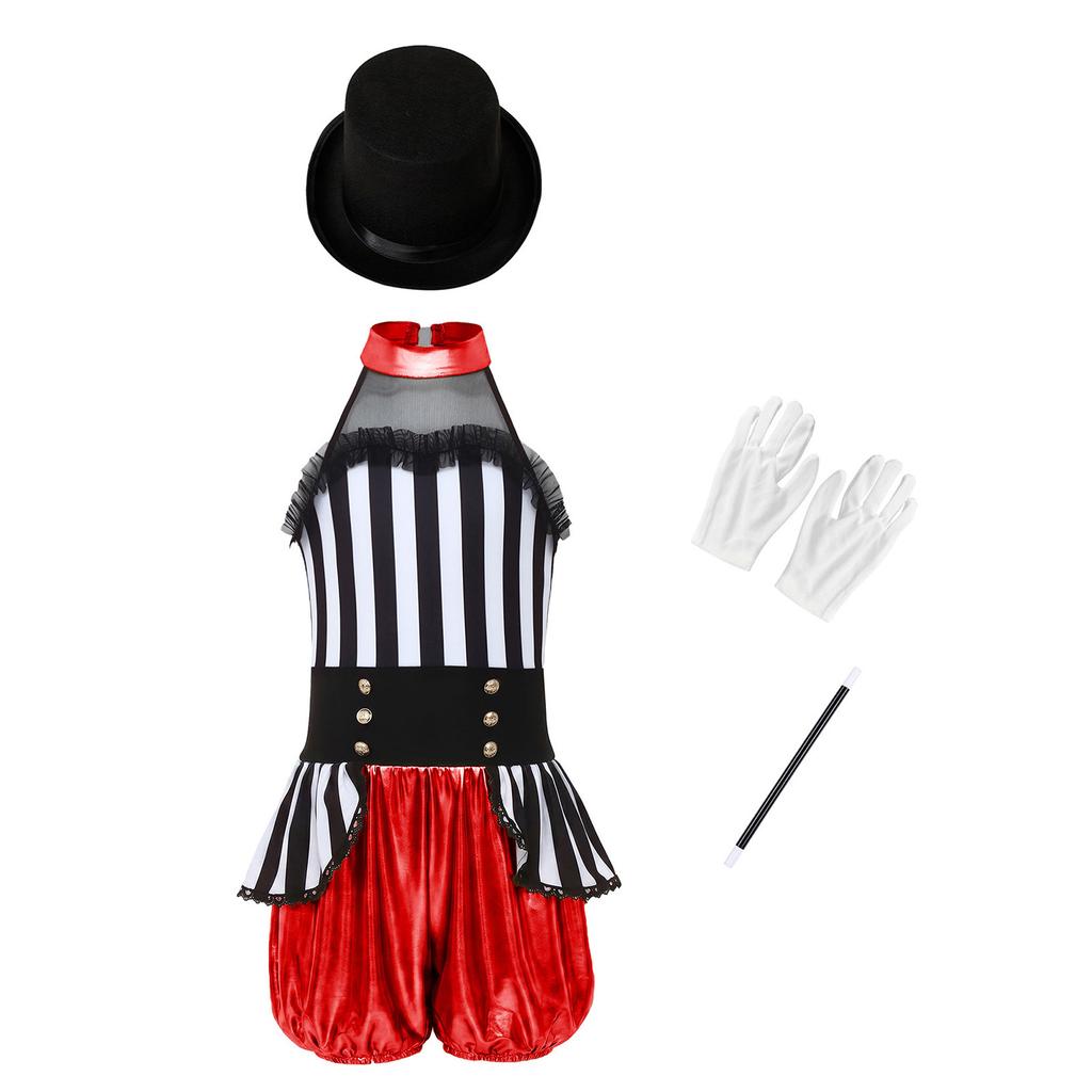 Girls Metallic Jumpsuit Sleeveless Patchwork Ringmaster Dress Up Set 4 Pieces Hat Wand Gloves