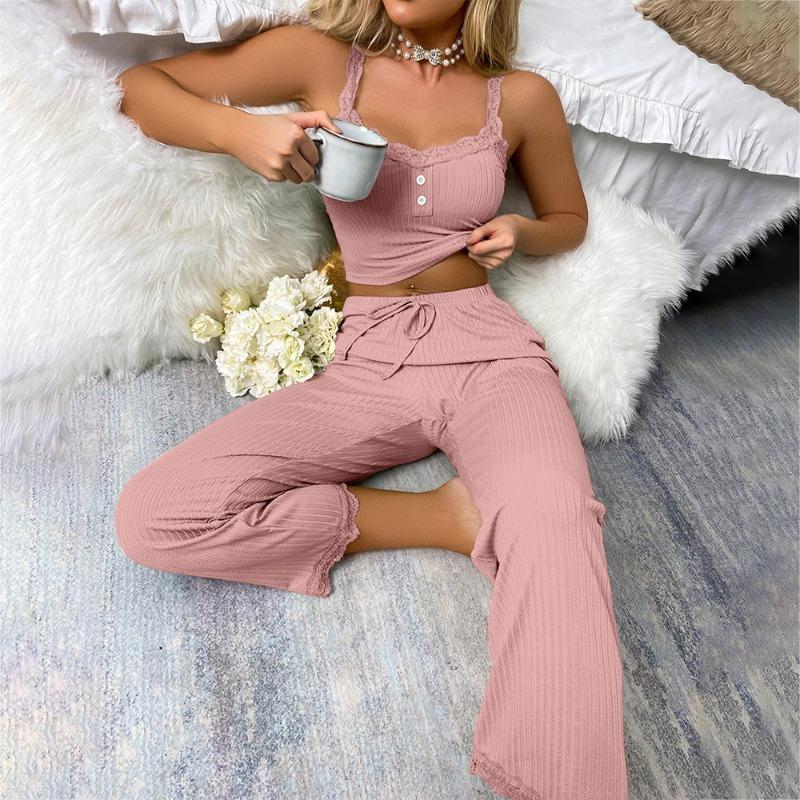 Sizewomen Pyjama-Set Spitze Spitze Camisole Hose Studenten-Homewear Zweiteiliges Set Einfarbig Tops Hosen Damenpyjama