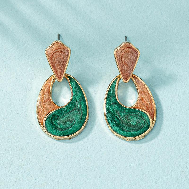 Green Enamel Hollow Water Drop Women's Hanging Earrings Colorful Glaze Geometric Statement Drop Earrings 2025 new trend