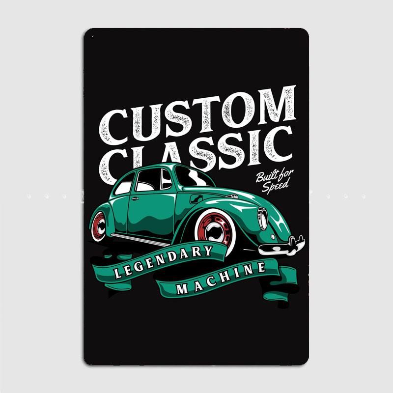Grüner VW Käfer Kleinwagen Spezifikationen Retro Klassiker Auto Metall Poster Schild Garage Club Custom Wand Zinn Raumdeko Heimdeko
