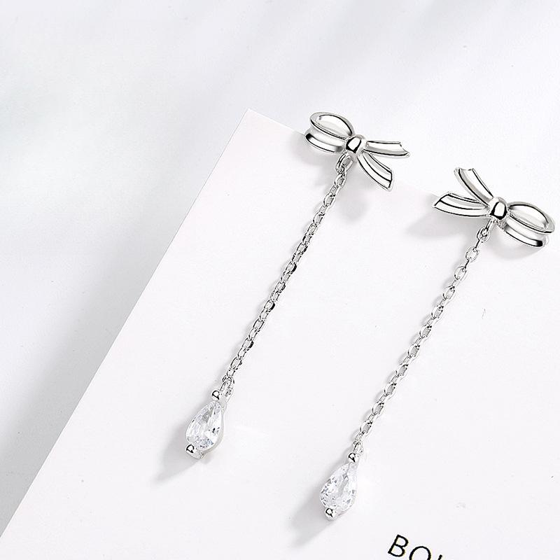 Original Bow with Diamond Long Super Fairy Fringed Earrings Korean Version of Simple Temperament Water Drop Earrings