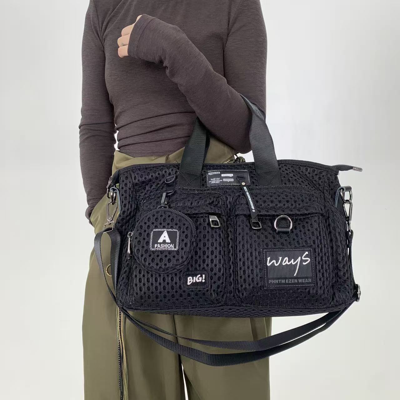 Women S Nylon Mesh Cloth Tote Bag Large Capacity Multi-Pocket Hanging Small Bag Messenger Bag чёрный