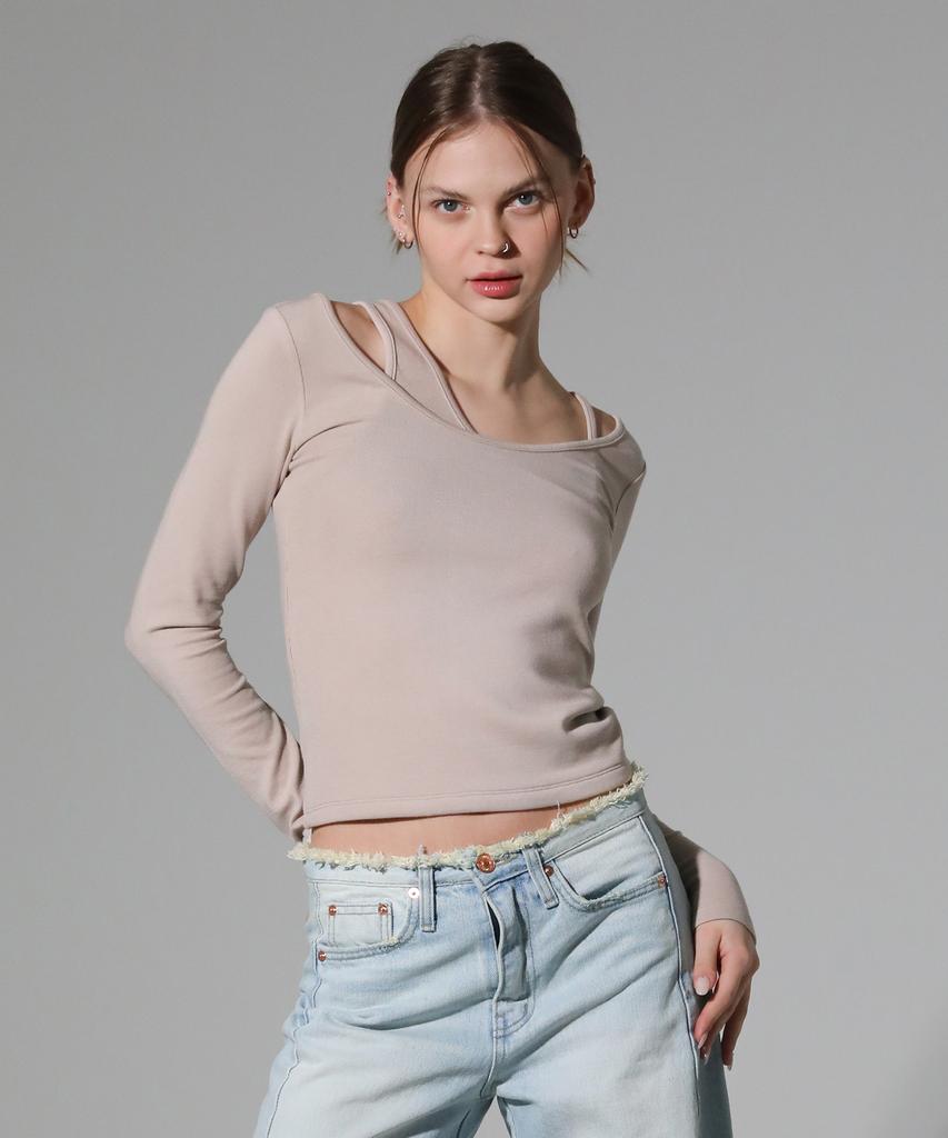 REEMNIK Slim Cut-Out Long Sleeve T-Shirt [Beige]