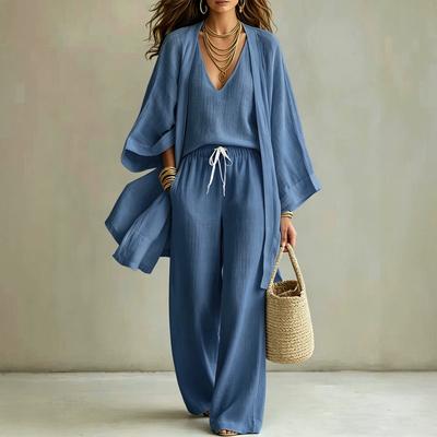 Europe and the United States Cross-border Summer Loose Cotton and Linen Medium and Long Nine-point Sleeve Cardigan Sleeveless Vest Trousers Casual