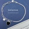 Sterling Silver Double Heart Bracelet with Black Agate, Women's Sweet and Cool Style - High-End Design Jewelry.