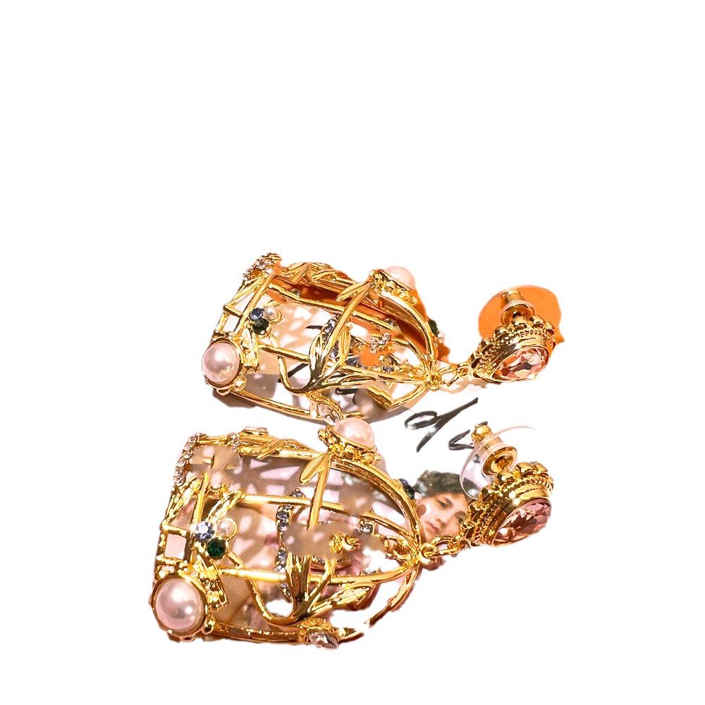 Gold-Plated 3D Hollow Birdcage Earrings: High-End Vintage Court Style for Women