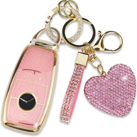 Key Fob Cover with Diamond Keychain for Mercedes Benz Women Car Key Shell Compatible with Benz 2017- E-Class 2018- S-Class - A-Class C-Class G-Class