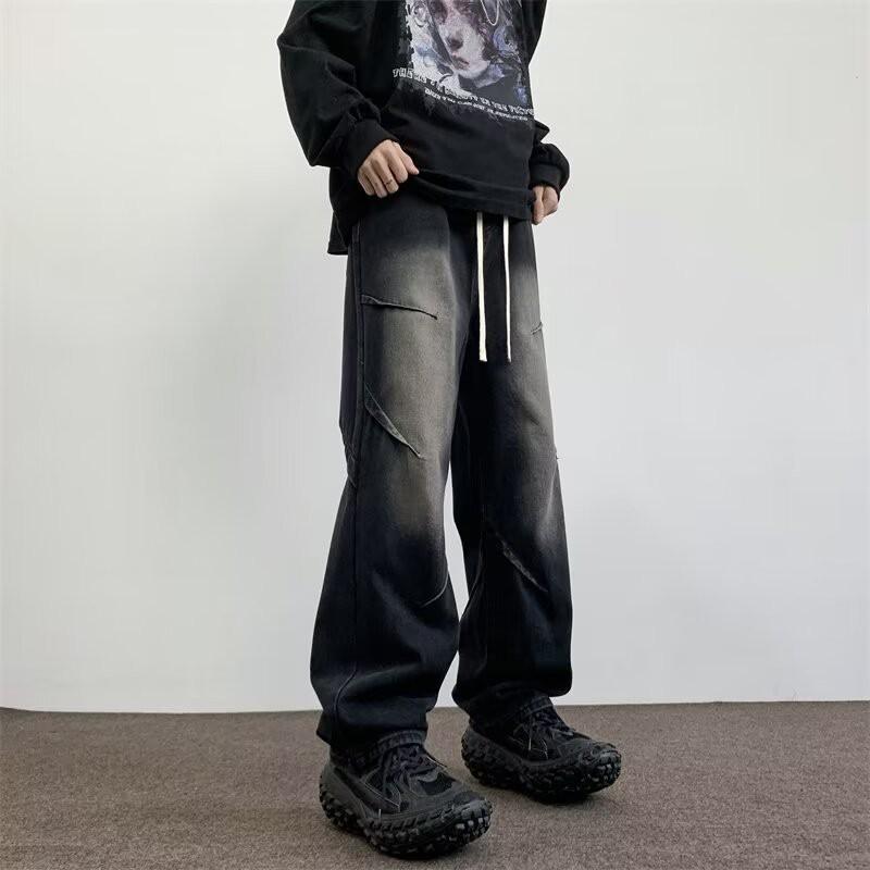 Mens Retro Blue Wide Leg Jeans Loose Straight Drawstring Denim Pants Teens