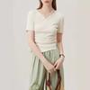Straight-shoulder Knitted Short-sleeved T-shirt Summer Design Drawstring Top