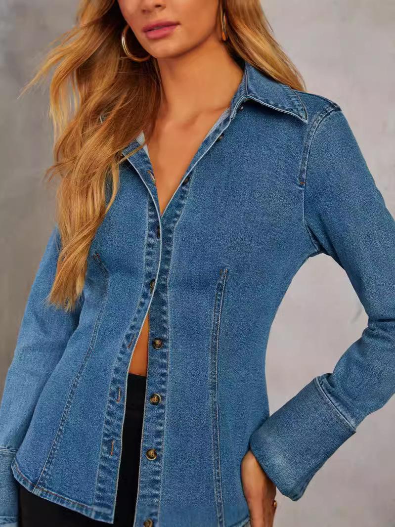 Women s European-American Denim Shirt - Autumn Casual, Lapel, Single-Breasted, Long Sleeve Medium